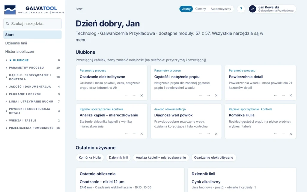 GalvaTool – strona startowa z ulubionymi narzędziami